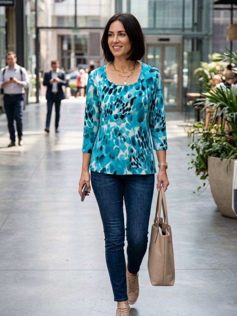 Chico's Size Medium Turquoise Textured Abstract Water-Drop Print Scoop Neck Top